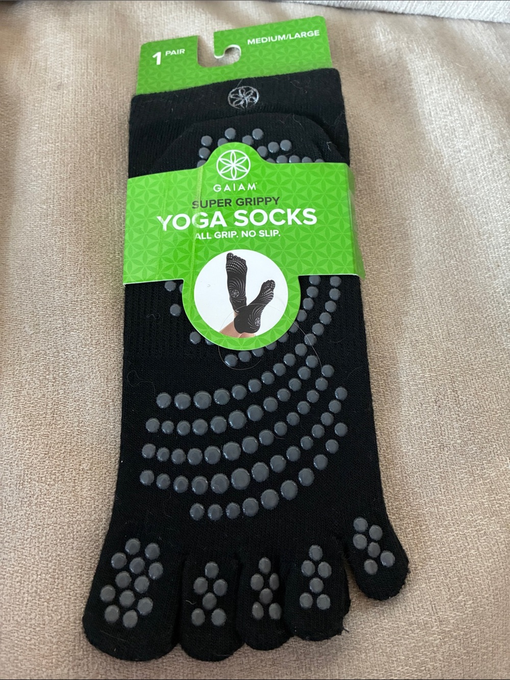 GAIAM Black Five-Toe Super Grippy Yoga Socks with Gray Dots